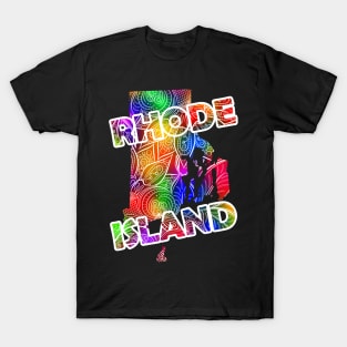 Colorful mandala art map of Rhode Island with text in multicolor pattern T-Shirt